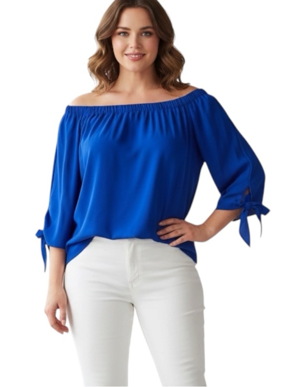 Chico’s Sz 2 Cobalt Blue Off-Shoulder Tie-Sleeve Blouse Like New Lightweight EUC